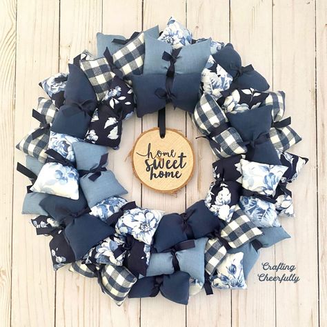 Pillow Wreath, Denim Wreaths, First Sewing Projects, Wire Wreath Forms, Fall Pillow, Door Wreaths Diy, Fabric Wreath, Cozy Pillow, Holiday Fabric