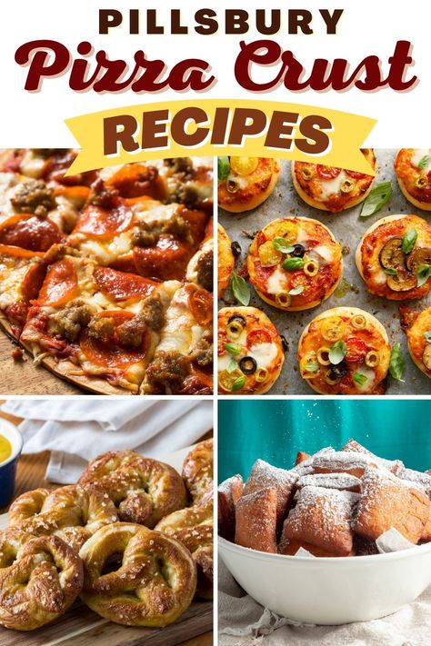 These Pillsbury pizza crust recipes prove there's a lot you can make with the dough! From bread to pizza rolls to pretzel bites, you'll want to keep a can on hand from now on! What Can I Make With Pillsbury Pizza Crust, Pillsbury Mini Pizza Crust Recipes, Recipes Using Pizza Crust Dough, Refrigerator Pizza Dough Ideas, Recipes With Canned Pizza Dough, Pizza Dough Pillsbury Recipes, Recipes Made With Pizza Dough, Canned Pizza Crust Recipes, What To Make With Pillsbury Pizza Dough