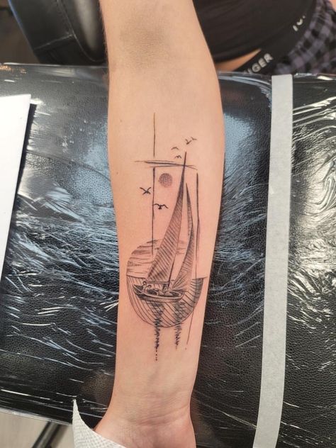 Geometric Sailboat Tattoo, Sailboat Tattoo For Women, Sailboat Tattoo Men, Yacht Tattoo, Sailing Tattoo, Sailboat Tattoo, Boat Tattoo, Tattoo 2024, Back Tats