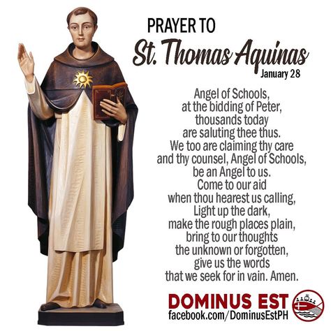 January 28 | Memorial of St. Thomas Aquinas Patron saint of academics, students & universities. St. Thomas of Aquinas, pray for us. By universal consent, Thomas Aquinas is the preeminent spokesman of the Catholic tradition of reason and of divine revelation. He is one of the great teachers of the medieval Catholic Church, honored with the titles Doctor of the Church & Angelic Doctor. St Thomas Aquinas Prayer, Prayer For Students, First Sunday Of Advent, St Thomas Aquinas, Saint Thomas Aquinas, Divine Revelation, Saint Thomas, Personal Prayer, Thomas Aquinas