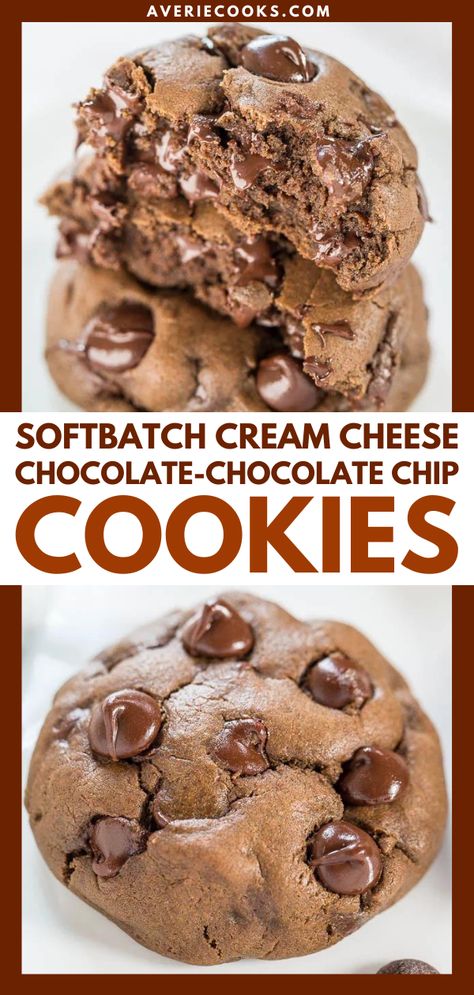 Cream Cheese Chocolate Chocolate Chip Cookies - Averie Cooks Best Chocolate Cookies, Cream Cheese Chocolate Chip Cookies, Soft Batch, Chocolate Chocolate Chip Cookies, Desserts With Chocolate Chips, Cheese Chips, Double Chocolate Chip Cookies, Cream Cheese Cookies, Chocolate Cream Cheese