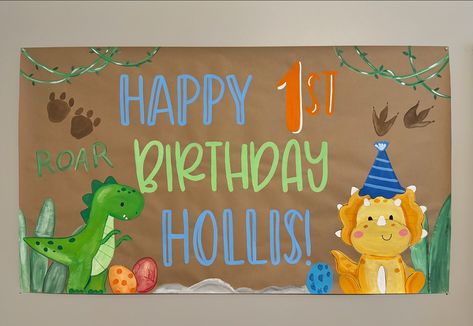 www.Poshgiftandparty.com #handpaintedbanner #paintedbanner #birthdaybanner #16thbirthday #dinoparty #dinosaurbirthday Dinosaur Birthday Sign, Baby Dinosaur Party, Dino Birthday Cake, Painted Banners, Diy Birthday Banner, Paint Font, Custom Birthday Banners, Birthday Painting, Baby Birthday Themes