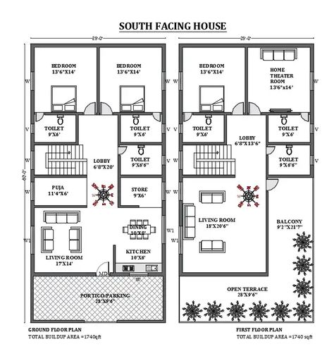 29'X60' South facing house plan according to vastu shastra is given in this 2D autocad plan download now. - Cadbull South Facing Duplex House Plans, South Face House Plan Vastu, South Facing House Plans Vastu, House Plan According To Vastu, South Facing House Plan, Home Plan Drawing, Autocad Plan, One Floor House Plans, Home Front Elevation