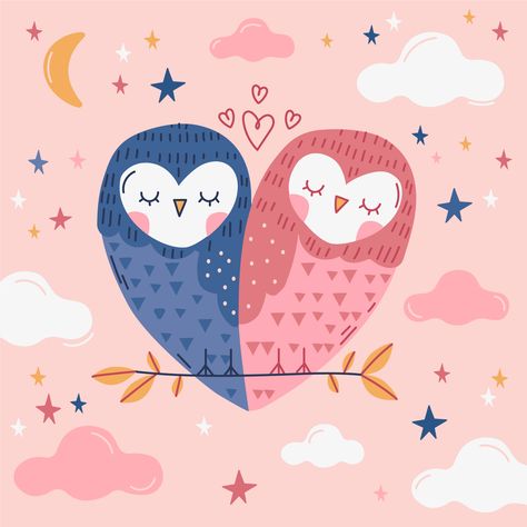 Animal Couple, San Valentin Vector, Valentine Drawing, Two Owls, Valentine's Day Illustration, Valentines Day Drawing, Valentines Illustration, Cute Owls, Paper Owls