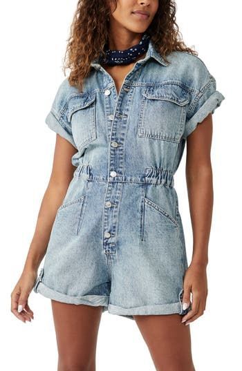 Free People Marci Cotton Denim Romper in Marrakesh at Nordstrom, Size X-Small Jeans Romper, Denim Shortalls, 90s Looks, Denim Romper, Free People Pants, Sleeved Romper, Light Wash Denim, Get Dressed, Latest Fashion Trends