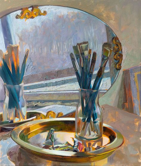 Still life painting with brushes, paint tubes, a golden tray and a mirror Reflection Painting Ideas, Painting Of Mirror, Mirror Image Artwork, Reflection Artwork, Painting Of A Mirror, Paintings Of Mirrors, Mirror Reflection Drawing, Mirror Reflection Art, Glass Oil Painting