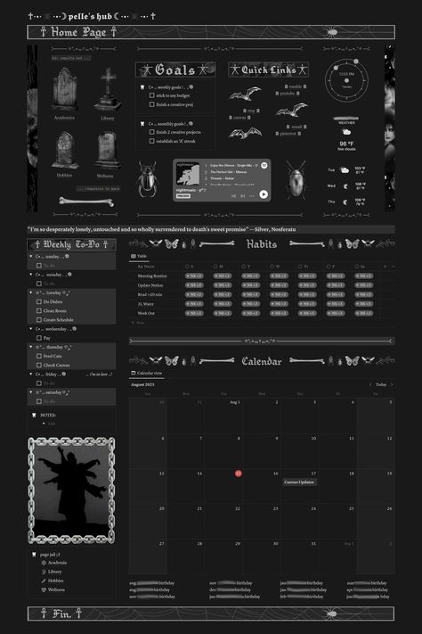 I made another one!! This one is greyscale and has some creepy crawlies. I have a whimsigothic one coming soon!!! my etsy is ExhumationStation if you want to support me :) Creepy Websites, Portfolio Website Design Inspiration, Unique Workspace, Bullet Journal Work, Blog Website Design, Graphic Shapes Design, Goals Template, School Organization Notes, Notes Organization