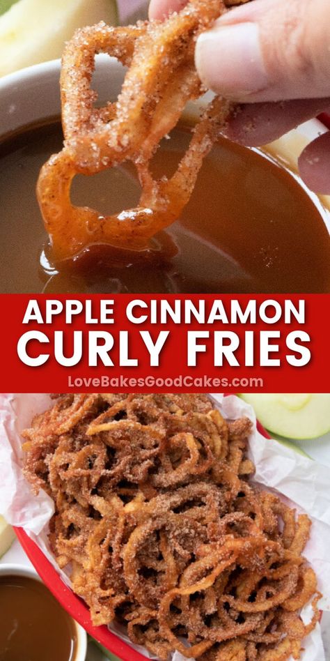 Apple Cinnamon Curly Fries pin collage Curly Fries, Fried Apples, Fall Recipe, Funnel Cake, Apple Cinnamon, Go Crazy, Seasoning Recipes, Best Dessert Recipes, Pudding Recipes