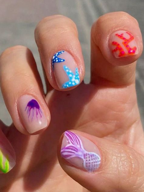 Multicolor  Collar    Color Nails Embellished   Nail,Hand & Foot Care Summer Acrylic Nails Starfish, Swimmer Nails Designs, Seaside Nail Art, Sea Life Nail Art, Florida Summer Nails, Crab Nails Designs, Kids Beach Nails, Summer Holiday Nails 2024, Coral Reef Nails