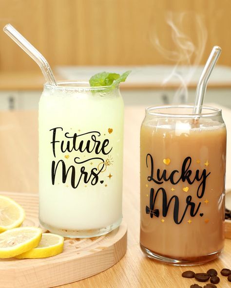 PRICES MAY VARY. 💒 Lucky Mr. & Future Mrs. Engagement Glass Set - Package includes 2 Mr. & Mrs. themed beer can glasses, 2 glass bend straws, and 1 straw brush. It is a gorgeous proposal, engagement, or wedding planning gift for soon-to-be-married couples. 🥂 Quality Glass - Designs are applied on one side of the glass using a high-quality permanent gloss black and glitter gold vinyl that the perfect color combination greatly adds to the overall aesthetic and stylish. Hand washes to ensure the Couple Cups Ideas, Engagement Gifts For Groom, Engagement Cups, Engagement Wine Glasses, Engagement Glasses, Beer Can Glasses, Custom Wine Bottles, Wine Glass Sayings, Cocktail Juice