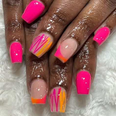 Such a vibrant thing #nailtech #nails #nailsofinstagram #nailart #nailsonfleek #acrylicnails #nailsoftheday #gelnails #naildesigns #inspire #nailartist #nailporn #nailswag #glitternails #gelpolish #nailpro #naildesign #nailinspo #coffin nails #nailsnailsnails #instanails #ombrenails #nail #nailstagram #longnails #nailstyle #beauty #nailaddict #manicure #spoken_nailz Neon Pink And Orange Nails Art Designs, Hot Pink Rainbow Nails, Neon Pink And Orange Ombre Nails, Neon Pink Abstract Nails, Neon Nail Extensions, Rainbow Nail Art Designs, Rainbow Nail Art, Rainbow Nail, Polish Nails