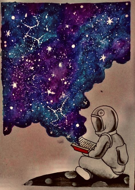 Space Drawing Colored Pencil, Astronaut Painting Ideas, Outer Space Painting Easy, Universe Drawing Galaxies, Cool Space Drawings, Space Drawings Galaxies, Space Aesthetic Painting, Astronaut Reading A Book, Space Drawing Ideas