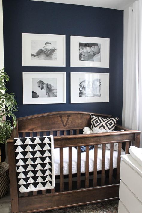 White And Dark Wood Nursery, Nursery Room Babyboy, Nursery With Navy Crib, Nursery With Dark Crib, Nursery Navy Accent Wall, Navy Grey Nursery, Navy Blue And Brown Nursery, Navy And Wood Nursery, Dark Walls Nursery