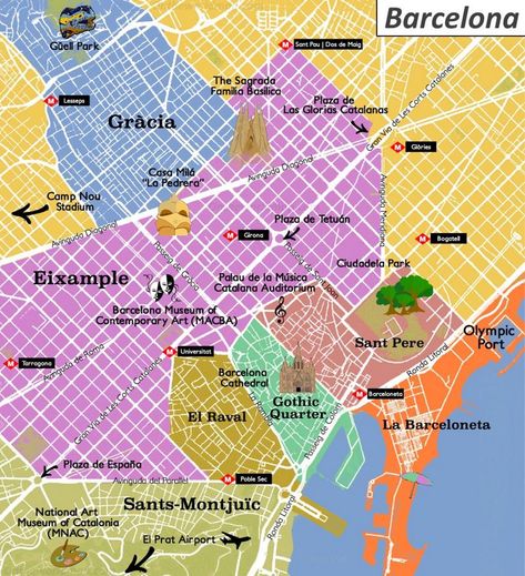 Barcelona Tourist Attractions Map Map Of Barcelona, Barcelona Tourist Map, Barcelona Tourist Attractions, Barcelona City Map, Barcelona Tourist, Barcelona Map, Camp Nou Stadium, Barcelona Trip, Map Of Spain