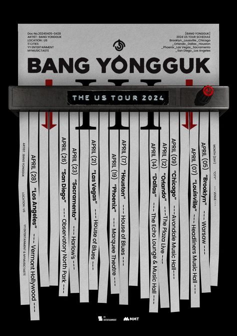 YY Entertainment has announced that the artist Bang Yong Guk will head to the US for his 2024 US Tour "III" for which his upcoming EP album is named. Fans can expect for the rapper to perform their favorite songs including his new music on tour. The tour will kick off in New York and will finish up in LA, California. Check out the tour schedule as follows. The ticket open date: March 1, 2024, 9 AM PSTLocations [Brooklyn, New York]4/05 (Fri)Venue - WarsawLink: livemu.s... Artist Tour Poster, Epk Press Kit Music, Tour Poster Aesthetic, Marquee Theater, Schedule Poster, Flyers Ideas, Tour Design, Houston Houses, Entertaining House