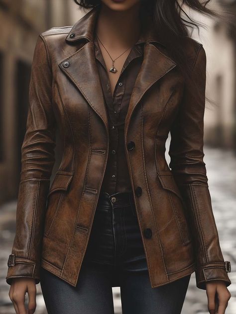 How To Wear A Brown Leather Jacket, Ranching Outfit Women, Russian Womens Fashion, Western Jacket Women, Leather Jacket Looks, Brown Leather Jacket Outfit, Western Jackets, 70s Jacket, Jacket Outfit Women