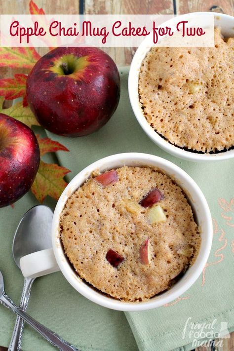 Brimming with chunks of fresh apple & warm chai spices, these Apple Chai Mug Cakes for Two are ready in less than 10 minutes. #MugCake #appledessert #dessertfortwo #chaispices Cakes For Two, Mugcake Recipe, Apple Chai, Chai Spices, Romantic Desserts, Mug Cake Microwave, Mug Cakes, Dessert For Two, Salty Cake