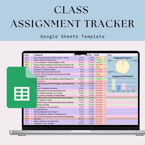 Stay organized and boost your productivity with our Assignment Tracker for Students! Perfect for high school, college, and university students, this downloadable and customizable tracker is designed to help you keep track of all your assignments, due dates, and grades in one easy-to-use spreadsheet. You will gain access to the Assignment Tracker through a link, and then you will be able to make a copy! Key Features: Organize by due date: Effortlessly sort and prioritize your assignments by due date to stay on top of deadlines. Pie Chart: See assignment completion. Bar Graph: See assignment distribution. Fully Editable: Customize the tracker to fit your course schedule, assignment types, and deadlines. Easy to Use: Simply download, open in Google Sheets, and start organizing your assignment Assignment Template, Assignment Tracker, Homework Tracker, Course Schedule, College Courses, Bar Graphs, Student Planner, Academic Success, Due Date