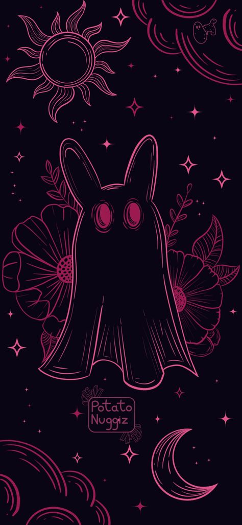 Celestial-themed Bunny Ghost with flowers, clouds, moon, sun and stars Cute Dark Illustration, Pastel Goth Lockscreen, Whimsical Illustration Wallpaper, Gothic Easter Wallpaper, Cute Goth Phone Wallpaper, Gothic Kawaii Wallpaper, Goth Bunny Aesthetic, Kawaii Goth Wallpaper Iphone, Spooky Easter Wallpaper