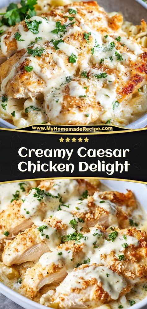 This creamy Caesar chicken is rich, savory, and topped with a delicious Caesar dressing and parmesan cheese. Perfect for an easy dinner! Ingredients: 4 chicken breasts 1 cup Caesar dressing ½ cup parmesan cheese 1 tsp garlic powder Serve this creamy Caesar chicken with a side of vegetables or pasta Recipes With Caesar Dressing, Caesar Parmesan Chicken, Recipes Using Caesar Dressing, Cesar Chicken Recipes, Chicken Caesar Salad Casserole, Melt In Your Mouth Chicken Ceasar, Baked Caesar Chicken With Parmesan Sauce, Caesar Chicken Pasta, Chicken Caesar Bake