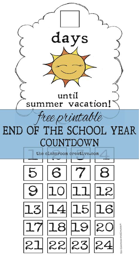 FREE PRINTABLE! Adorable end of the school year countdown to summer from theclassroomcreative.com.  (in color and b/w)  You could also use this as a math center to review counting backward! :) End Of School Countdown, Classroom Countdown, Count Down To Summer, Countdown Ideas, School Countdown, Countdown To Summer, Summer Preschool Activities, Summer Math, Summer Preschool