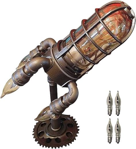 Steampunk Rocket Lamp, With 4 Simulation Flame LED Bulbs Lights LED Retro Lamp Industrial Table Lamp Steampunk Style Table Lamp Creative Steam Decor Rocket Lamp For Home Bedroom(Contains Four Bulbs) - Amazon.com Steampunk Rocket, Steam Punk Decor, Steampunk Light, Punk Decor, Man In Space, Lampe Steampunk, Rocket Lamp, Cool Desk, Retro Rocket