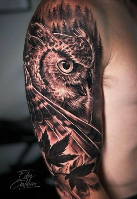 Owl Tattoo Realism, Bjorn Tattoo, Welding Tattoo, Owl Forearm Tattoo, Black Eagle Tattoo, Realistic Owl Tattoo, Owl Tattoo Sleeve, Half Sleeve Tattoos Forearm, Whimsical Tattoos