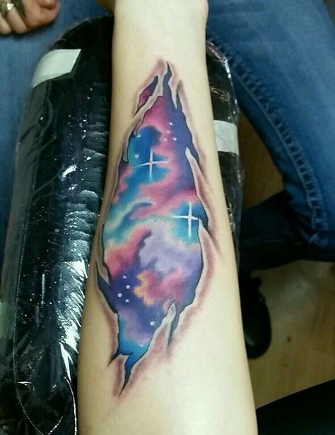 Galaxy Tattoos, Ripped Skin Tattoo, Cosmos Tattoo, Astronomy Tattoo, Mens Tattoos, Space Tattoos, Rip Tattoo, Purple Tattoos, Universe Tattoo