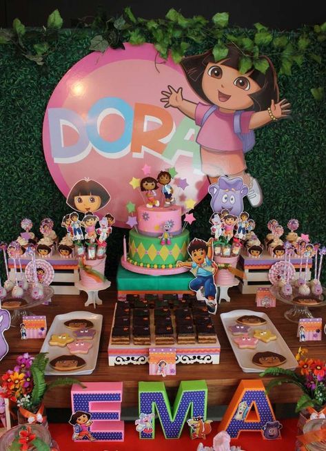 How fun is this Dora & Diego birthday party! See more party ideas at CatchMyParty.com! Dora 1st Birthday Party, Dora Birthday Theme, Dora Explorer Party Ideas, Dora First Birthday Party, Dora Party Ideas, Dora Birthday Party Ideas Decoration, Dora Themed Birthday Party, Dora Birthday Party Ideas, Dora Birthday Party