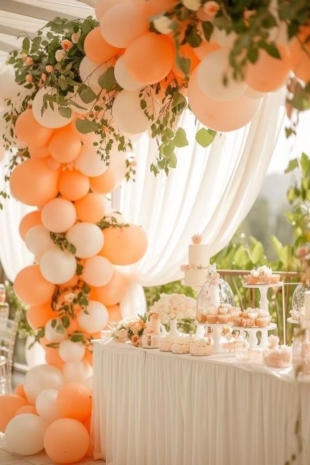 Peach Color Party Decorations, Peach Brunch Decor, Combined Baby Shower Ideas, Baby Shower Peach Theme, Peach Bridal Shower Ideas, Brunch Baby Shower Ideas Decorations, Sweet As A Peach Baby Shower Ideas, Peach Themed Baby Shower Ideas, Sweet Peach Baby Shower Theme