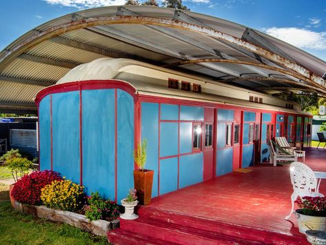 Train conversion: buyers get on board Smythesdale carriage house - realestate.com.au Painted Shipping Containers, Train House, Diy Tiny Home, Jeep Camper, Pressed Tin Ceiling, Train Home, Old Luggage, Train Carriage, Leadlight Windows