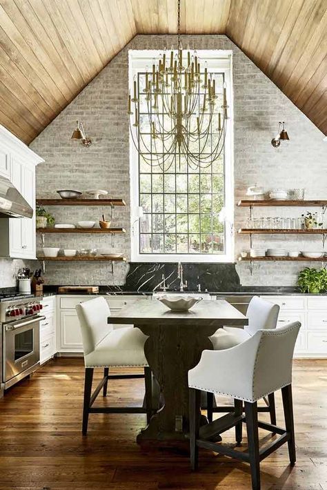 Modern Kitchen With Rustic Walls And Vaulted Ceiling #rusticstyle #kitchen ★ Vaulted ceiling ideas for your living room, bedroom, kitchen, and bathroom. ★ #vaultedceiling #homedecor #kitchendesigns #glaminati Vaulted Ceiling Decor, Vaulted Kitchen, Kitchen Ceiling Ideas, Vaulted Ceiling Beams, Vaulted Ceiling Bedroom, Vaulted Ceiling Ideas, Vaulted Ceiling Lighting, Vaulted Ceiling Kitchen, Vaulted Ceiling Living Room