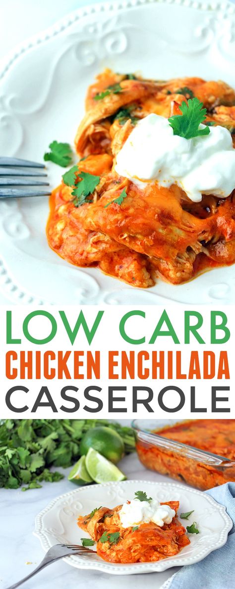 Low Carb Chicken Enchilada Casserole - easy and delish way to enjoy enchiladas on a low carb or keto diet. It's based off the America's Test Kitchen Chicken Enchiladas so you know it's good! #lowcarb #keto #dinner #Mexican #glutenfree #easy #lowcarbrecipe #recipe Enchilada Healthy, Casserole Enchilada, Recipes Meatloaf, Casserole Healthy, Chicken Enchilada Casserole Recipe, Casserole Chicken, Recipes Salmon, Recipes Shrimp, Enchilada Casserole Recipes