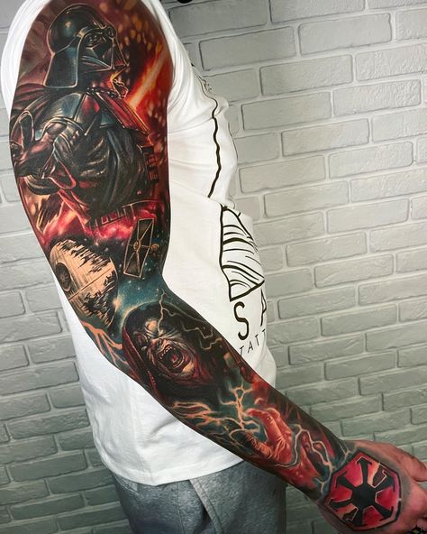 Slipy_stc Star Wars Sleeve, Star Wars Tattoo Sleeve, Positivity Tattoo, Star Wars Dark Side, Dark Side Star Wars, Leg Tattoo Men, Star Wars Tattoo, Side Tattoos, Cartoon Tattoos