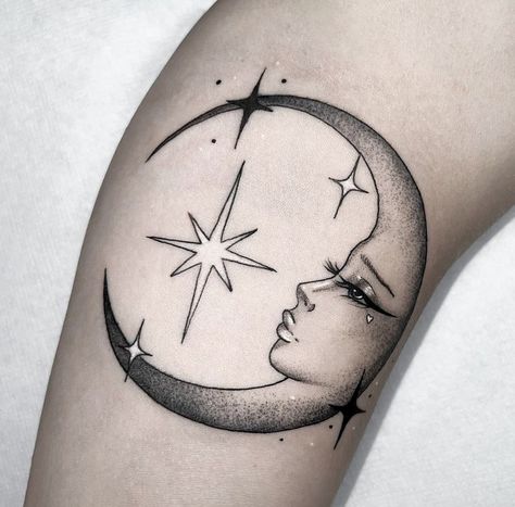 Face In Moon Tattoo, Half Moon Face Tattoo, Moon Memorial Tattoo, Dark Moon Tattoo Design, Moon Tattoo With Face, Moon With Face Tattoo, Unique Moon Tattoo Ideas, La Luna Tattoo, Ren Tattoo