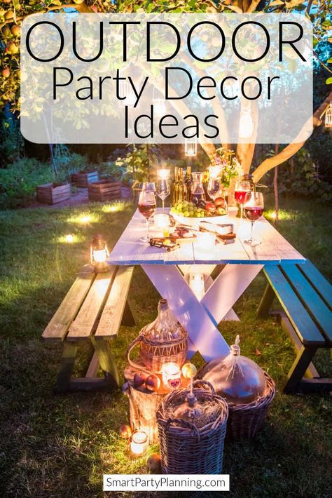 Selection of outdoor party decor ideas that will make decorating your special occasion super easy. Create a space for large or small gatherings that will ensure you celebrate in style. Outdoor Party Rain Solutions, Small Backyard Party Set Up, Small Garden Party Ideas, Rustic Birthday Party Decorations, Outdoor Birthday Decorations, Backyard Yoga, Outdoor Birthday Party Decorations, Outdoor Party Decor, Lake Birthday