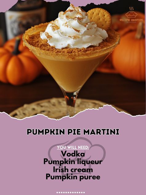 🎃 Satisfy your pumpkin cravings with a Pumpkin Pie Martini—creamy, spiced, and pure autumn delight! 🍸✨ #PumpkinSpice #MartiniMagic Pumpkin Pie Martini Ingredients: Vodka (2 oz) Pumpkin liqueur (1 oz) Irish cream (1 oz) Pumpkin puree (1 tbsp) Pumpkin pie spice (1/4 tsp) Ice (as needed) Whipped cream (for garnish) Graham cracker crumbs (for rim) Instructions: Rim a martini glass with graham cracker crumbs. In a shaker, combine vodka, pumpkin liqueur, Irish cream, pumpkin puree, and pumpkin ... Autumn Beverages, Pumpkin Pie Martini, Pumpkin Cravings, Martini Ingredients, Pumpkin Pie Spice, Irish Cream, Graham Cracker Crumbs, Graham Cracker, Pumpkin Puree