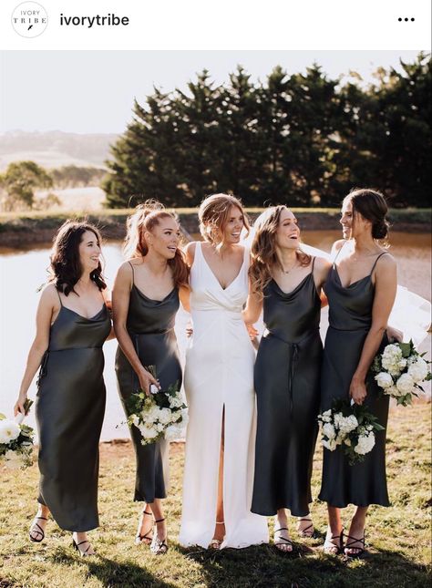 Slate Bridesmaid Dresses, Monochrome Wedding, Dynasty Outfits, Ivory Bridesmaid Dresses, Black And White Wedding Theme, Black Bridesmaid, White Wedding Theme, Wedding Party Outfits, Wedding Crashers