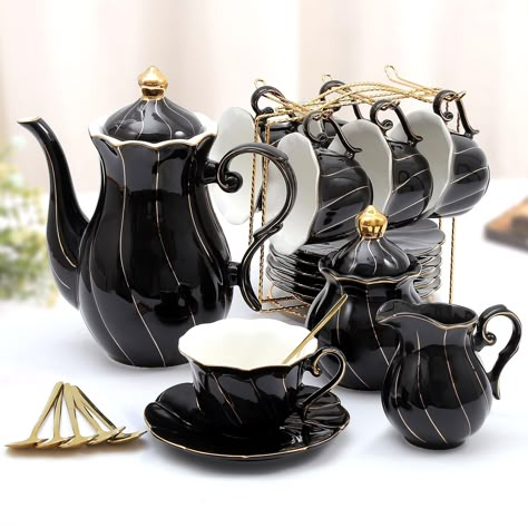 PRICES MAY VARY. 【Luxury British Style Tea Set in Golden Trim】This beautiful teapot set comes with 1 teapot (40oz), 6 porcelain teacups (7oz), 6 saucers (6in), 6 spoons, 1 sugar bowl (12oz), 1 creamer (8oz) & 1 exquisite stand. Pumpkin design and petal edge decorated with golden trim, it can be a great coffee or tea set for entertainment with your friends, an elegant way to enjoy your life. 【Food-Grade Porcelain Tea Set, Let You Enjoy Tea Tasting at Ease】All the pieces of the tea set are made of Black Tea Party, Tea Party Picnic, Women Tea Party, Tea Party Set, English Tea Party, Tea Party Setting, British Tea, Beautiful Pumpkins, Teapot Set