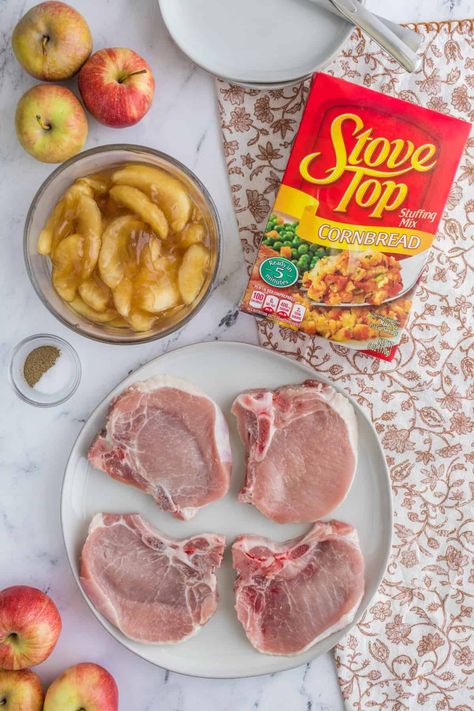 4 Ingredient Oven Baked Pork Chops is the perfect recipe if you need a quick fix for dinner. Grabbing four ingredients quickly from the grocery store and assembling and relaxing while dinner cooks is the perfect way to spend an evening after a busy day. Apples and pork chops pair gorgeously for fall or any time over the winter too. Pork Chop Stuffing Apple Casserole, Oven Pork Chops And Apples, Pork Chop Recipes With Apples And Stuffing, 4 Ingredient Pork Chops, Applesauce Pork Chops Crockpot, Pork Chops And Apple Pie Filling, Baked Apples And Porkchops, Baked Pork Chops And Apples Recipe, Apple Stuffing Pork Chops