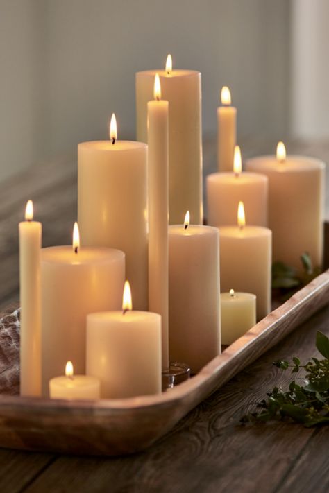 Create captivating atmospheres with Tag's pillar candles, setting the perfect scene in any space. With its versatile size, our signature flat-topped pillar candle is ideal for mixed candle displays or tall hurricanes, bringing warmth throughout the year. Explore a variety of candle sizes and colors from Tag, allowing you to mix and match for a personalized touch. Candle Cluster Decor, Candle Decor Ideas Living Rooms, Living Room Candle Decor, Candles On Tray, Candles Display Ideas, Pillar Candles Decor, Candle Pillars Decor, Candle Scape, Table Candle Decor