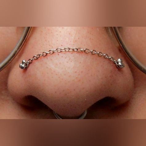 Nose Chain Piercing Aesthetic, Nose Chain Across Bridge, Nose Bridge Chain, Over The Nose Chain, Double Nose Piercing Chain, Piercings Nose Septum, Nose Chain Piercing, Chain Nose Piercing, Nose Piercing Chain