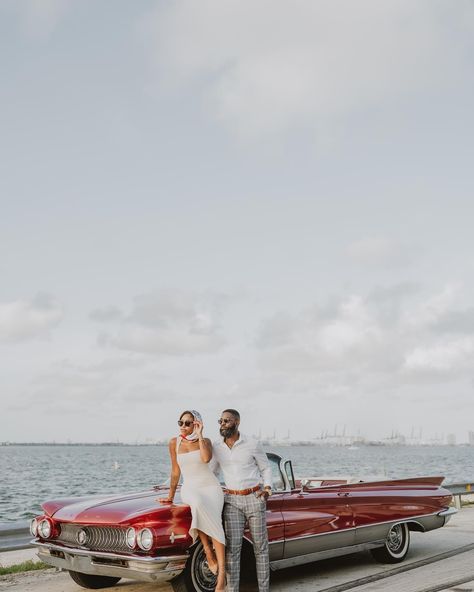 Miami beach engagement | engagement photo inspo | vintage car photography | black couple photos | black couple engagement photo Miami Couples Photoshoot, Vintage Car Engagement Photos Black Couple, Engagement Photos Vintage Car, Vintage Car Couple Photoshoot, Vintage Car Photoshoot Couple, Vintage Car Wedding Photos, Black Couple Photos, Car Engagement Shoot, Black Couple Engagement