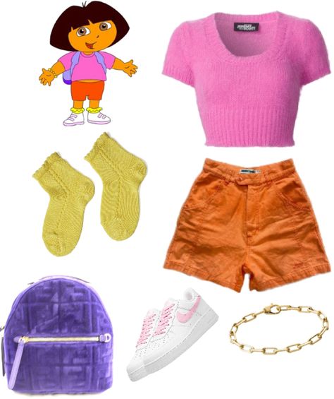 Cartoon Characters Spirit Week, Halloween Costumes With Stuff You Have, Cartoon Character Dress Up Ideas, Disney Outfits Ideas For Women, Hallowen Costume Ideas For Women Easy, Cartoon Character Inspired Outfits, Dora Costume Women, Character Day Outfits Spirit Week, Easy Costume Last Minute