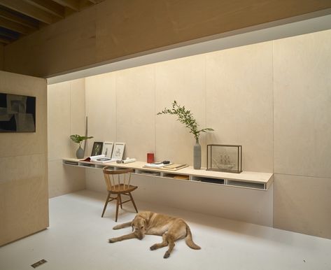 Office, Chair, Study Room Type, Light Hardwood Floor, Desk, and Shelves Ollie, the client's dog, rests next to the floating desk built of painted poplar and white-washed Baltic birch plywood. Small Working Space Design, Architecture Home Office, Office Studio Ideas, Bedroom Desks, Workspace Home Office, Desk Interior, Studio Renovation, Plywood Desk, Simple Office