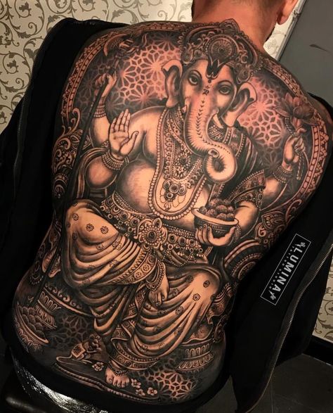 Ganesh Back Tattoo, Ganesha Back Tattoo, Hindu Back Tattoo, Bodhisattva Tattoo, Neotrad Portrait, Mandala Tattoo Sleeve Women, Headdress Tattoo, Hindu Tattoos, Backpiece Tattoo