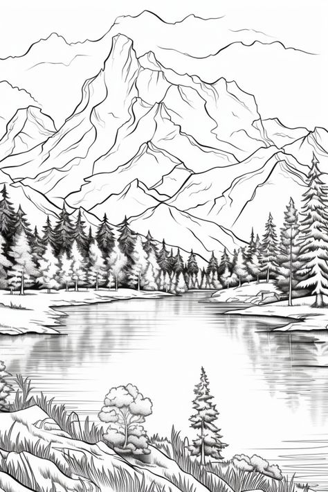 Landscapes Coloring Pages, Scenery Coloring Pages Nature, Landscape Coloring Pages Free Printable, Sketch Of Scenery, Detailed Coloring Pages For Grown Ups, Nature Coloring Pages For Adults, Mountain Coloring Pages, Nature Coloring Pages, Landscape Coloring Pages