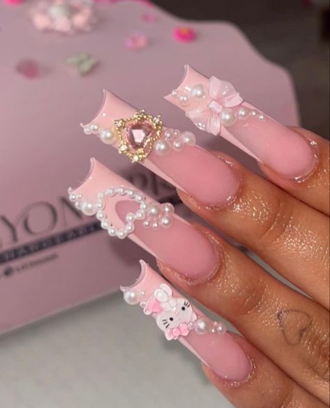 Hello Kitty Nail Inspo Acrylic, Long Acrylic Nails With Charms, Latina Nail Designs Pink, Kawaii Nails Acrylic, Pink Nail Sets, Kitty Nails, Girly Acrylic Nails, Hello Kitty Nails, Long Acrylic Nails Coffin