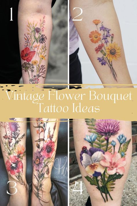 Vintage Flower Tattoo Ideas for Old Souls - TattooGlee Vintage Floral Tattoos, Natur Tattoo Arm, Texas Flowers, Vintage Flower Tattoo, Flower Bouquet Tattoo, Bright Tattoos, Bouquet Tattoo, Palm Tattoos, Wildflower Tattoo