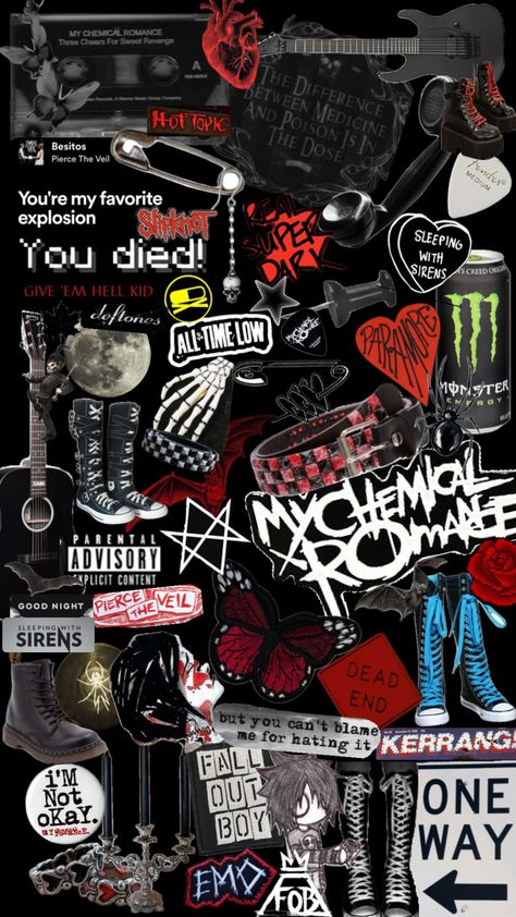 #emo #mcr Emo Aesthetic Moodboard, Emo Bands Wallpaper, Emo Core Aesthetic, Emo Girlfriend, Scene Emo Wallpaper, Mcr Wallpaper, Misery Business, London Core, Emo Backgrounds